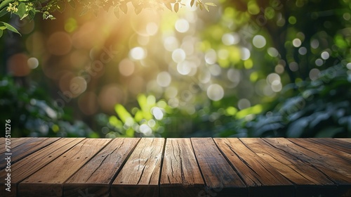 Empty wood table and defocused bokeh and blur background of garden trees with sunlight. product display template