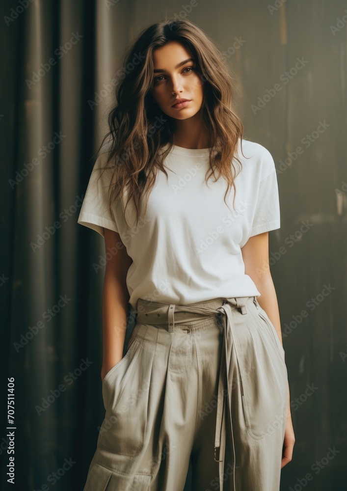 Fototapeta premium Woman Wearing White Shirt and Tan Pants Stands Confidently