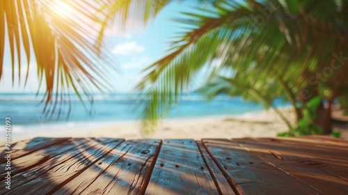 Empty wooden table and palm leaves with party on beach blurred background in summer time.