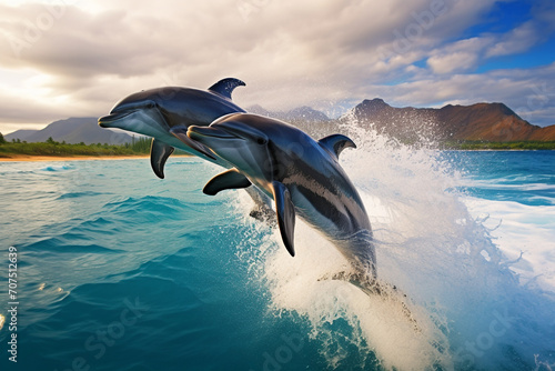 Cute dolphins jumping over breaking waves