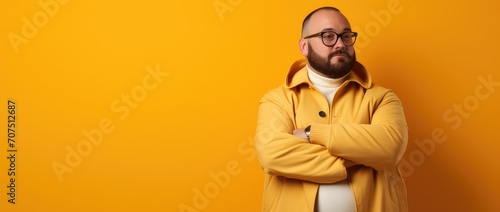 Bearded Man With Glasses Standing in Front of Yellow Wall