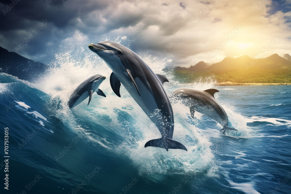 Fototapeta premium Cute dolphins jumping over breaking waves