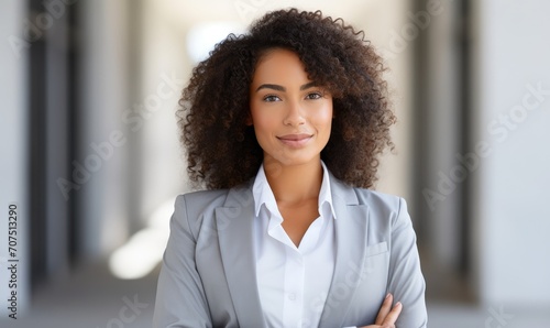 Woman in Business Suit Standing With Arms Crossed
