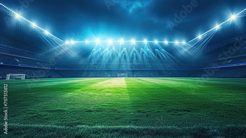 Football stadium view illuminated by blue spotlights and empty green grass field