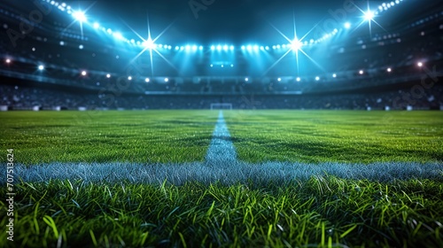 Football stadium view illuminated by blue spotlights and empty green grass field