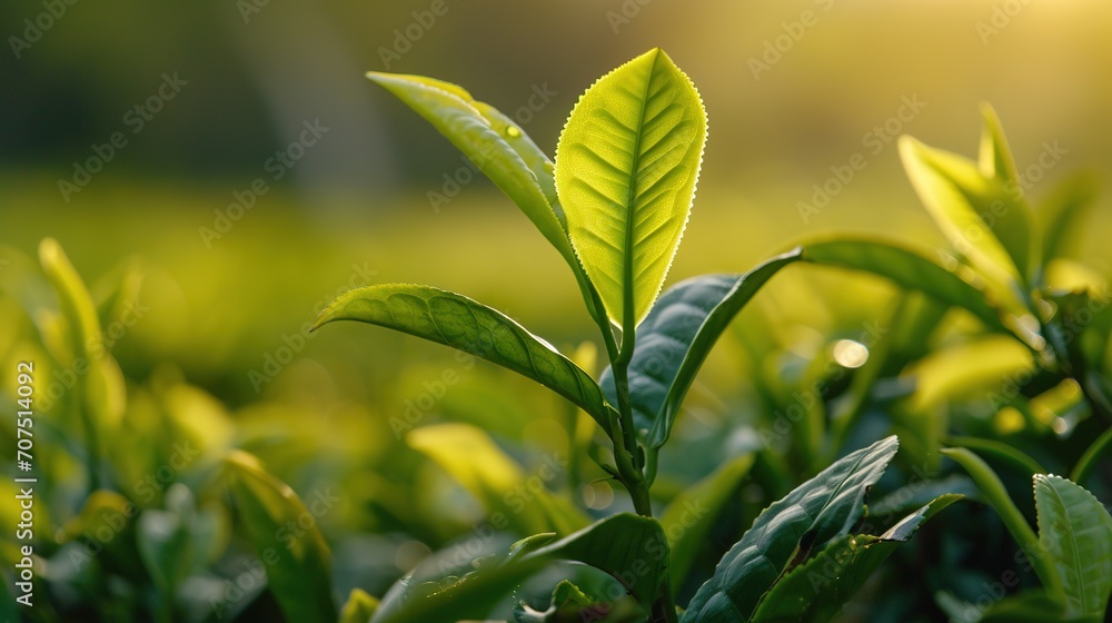 Fresh tea bud and leaves.Tea plantations. Close-up with space for text. Fresh tea bud and leaves.Tea plantations. Close-up with space for text.