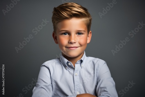 Portrait of a cute little boy in a blue shirt on a gray background