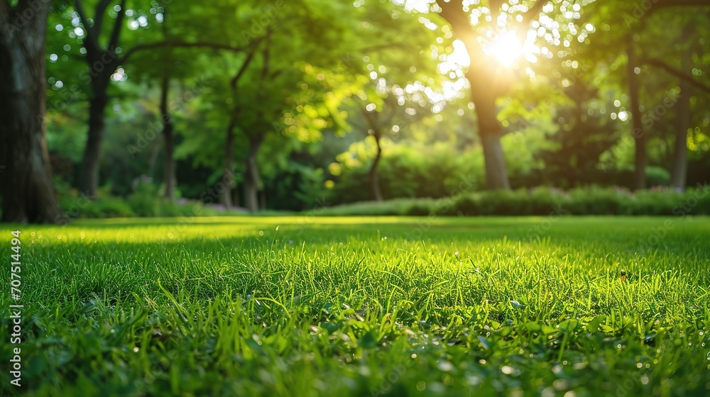 Green lawn and trees background with copyspace. Nature background concept