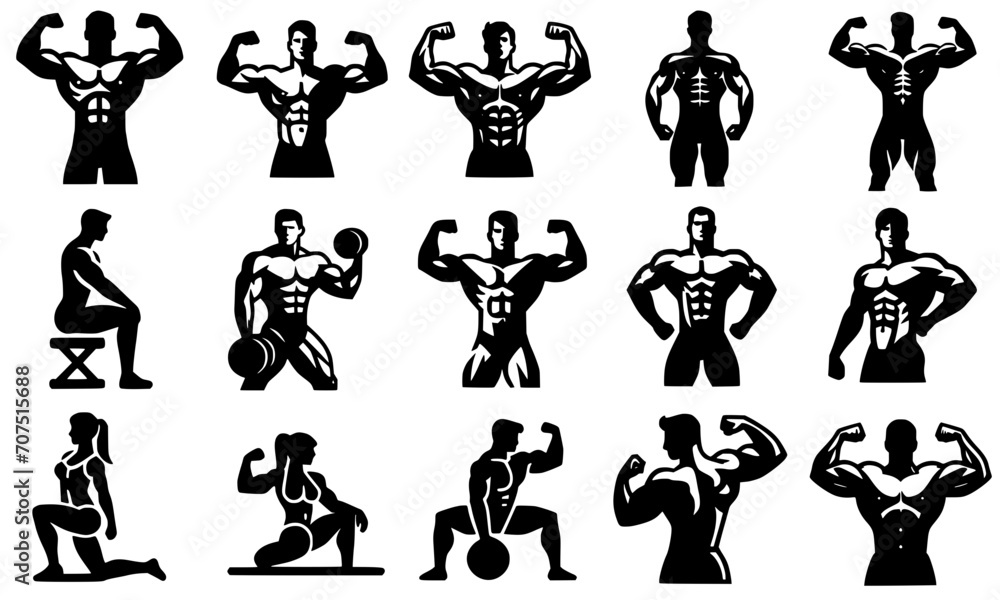 Obraz premium Body builder, muscled men and women, working out, icons in black.