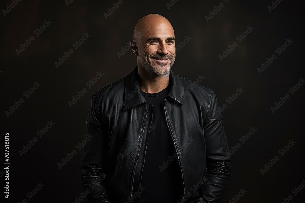 Handsome bald man in a black leather jacket on a dark background Handsome bald man in a black leather jacket on a dark background