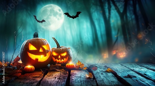 Halloween Pumpkins on wood. Halloween Background At Night Forest with Moon