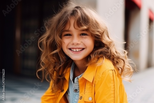 Portrait of a smiling little girl in a yellow raincoat outdoors