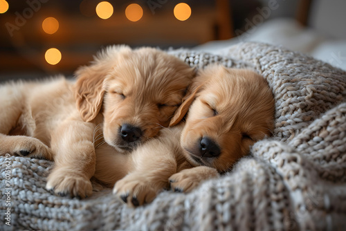 Cute Puppies Sleeping on a Bed with Lights