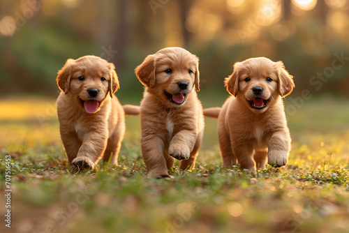 Playful Golden Retriever Puppies Running in the Park