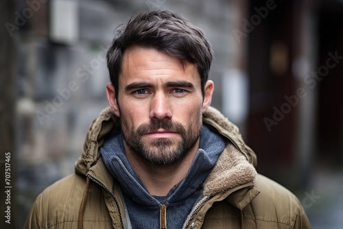 Portrait of a handsome man with beard and mustache in urban background