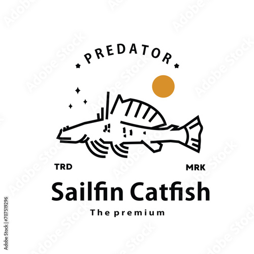 vintage retro hipster sailfin catfish logo vector outline monoline art icon photo