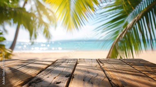 old wood table top on blurred beach background with coconut leaf. Concept Summer, Beach, Sea, Relax
