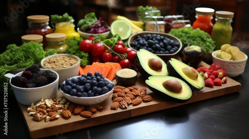 Selection of healthy food choices beautifully arranged, promoting a balanced and nutritious diet