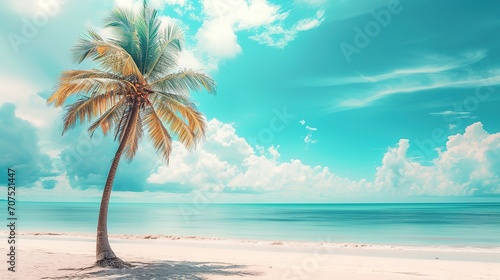Palm tree on tropical beach with blue sky and white clouds abstract background. Copy space of summer vacation and business travel concept © INK ART BACKGROUND