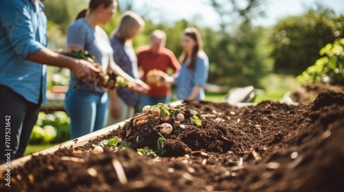 A group of farmers gather around a community compost pile, discussing the benefits of zerowaste farming in conserving resources and promoting sustainability. photo