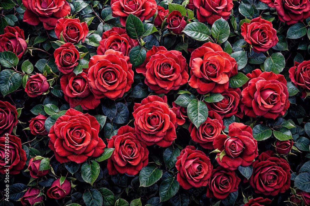 Large bed of roses and green leaves, generative ai Large bed of roses and green leaves, generative ai
