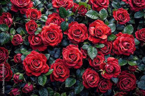 Large bed of roses and green leaves  generative ai