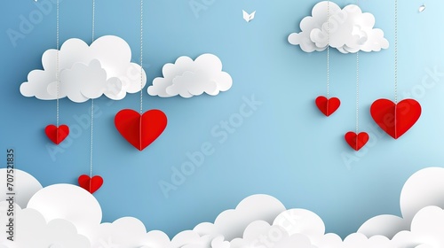 Poster or banner with blue sky and paper cut clouds. Place for text. Happy Valentine's day sale header or voucher template with hanging hearts.