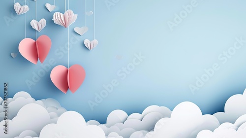Poster or banner with blue sky and paper cut clouds. Place for text. Happy Valentine's day sale header or voucher template with hanging hearts