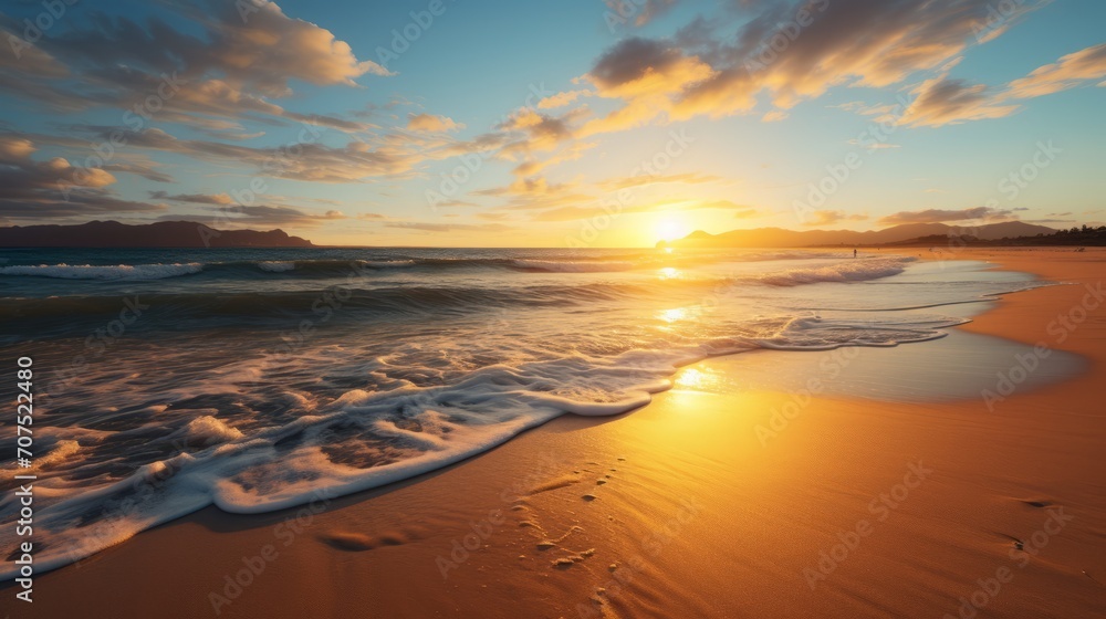 The first light of dawn casts a golden glow over a serene beach landscape The first light of dawn casts a golden glow over a serene beach landscape