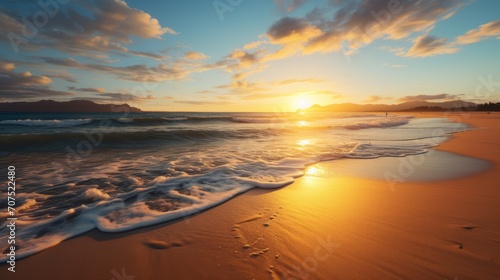 The first light of dawn casts a golden glow over a serene beach landscape