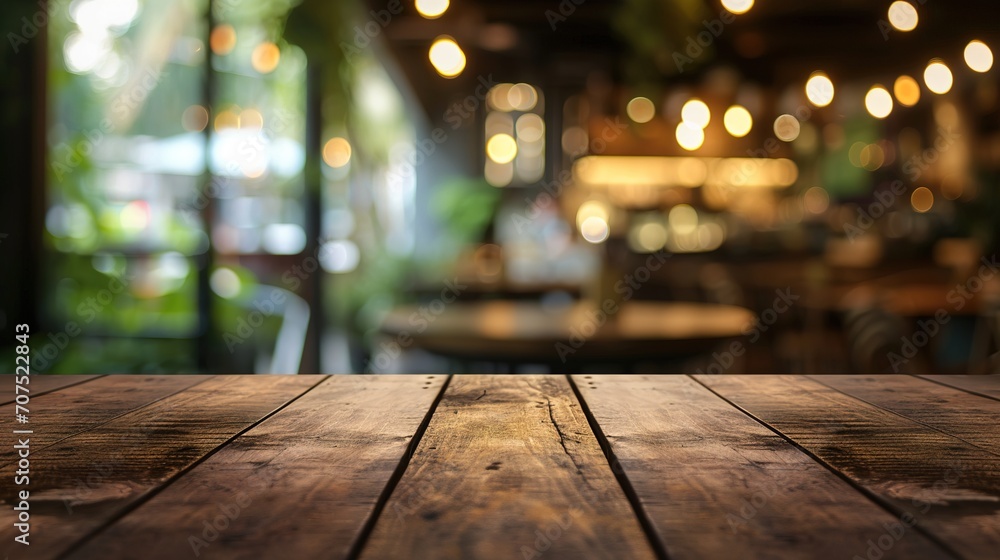 Selected focus empty brown wooden table and Coffee shop blur background with bokeh Selected focus empty brown wooden table and Coffee shop blur background with bokeh