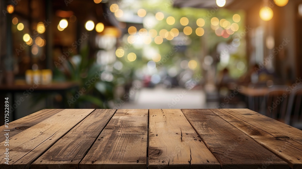 Selected focus empty brown wooden table and Coffee shop blur background with bokeh image, for product display montage Selected focus empty brown wooden table and Coffee shop blur background with bokeh image, for product display montage