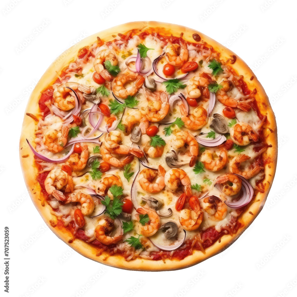 top view seafood pizza isolated on white; shot by Nikon D850; realistic photo --no shadows --stylize 250 --v 5.2 Job ID: 7bfa3092-bd41-4b8f-8058-00d5fae73c73