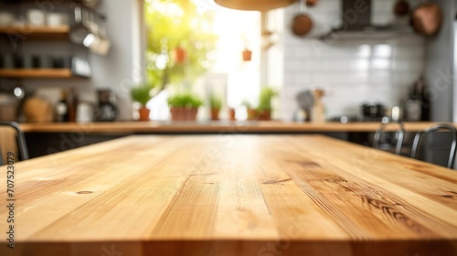 Selective focus on wooden kitchen island. empty dining table with copy space for display products. clean countertop for cooking healthy food against blurred furniture photo