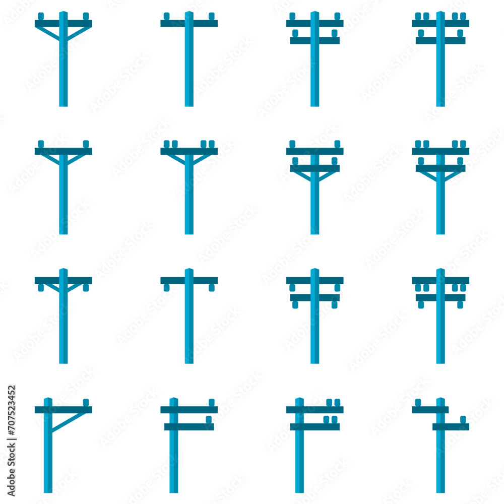 Set blue high voltage power electric pole transmit electricity icon flat vector design