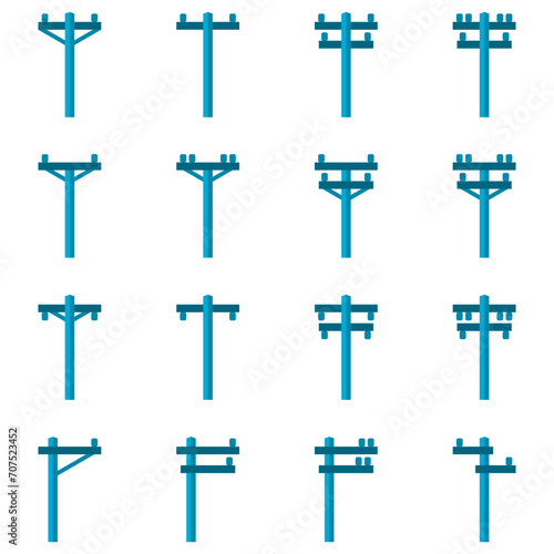 Set blue high voltage power electric pole transmit electricity icon flat vector design