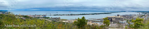 Panorama of Duluth, Minnesota and Lake Superior, as seen from Enger Park on a cloudy day.