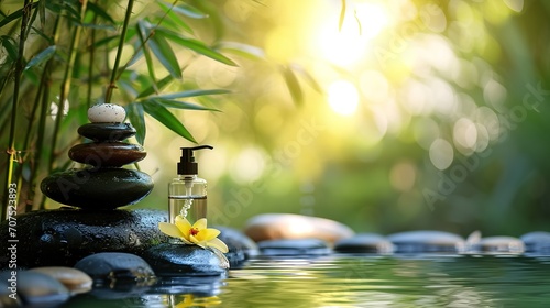 spring water in a wild bamboo garden with product display on a sunny rock, idyllic landscape background concept with asian zen spirit for spa