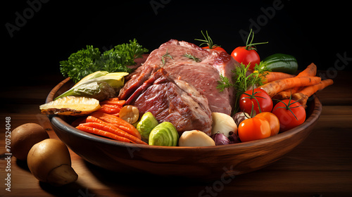 Fresh meat and veggies in a wooden bowl