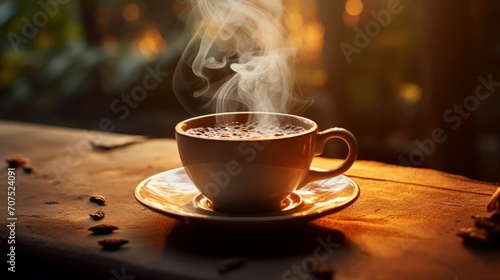 Wisps of steam rise from a fresh cup of coffee, signaling the start of a new day photo