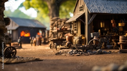 An antique blacksmith shop, complete with a blazing fire and traditional tools, stands proudly alongside a scenic countryside road, maintained and open for visitors to experience a piece © Justlight