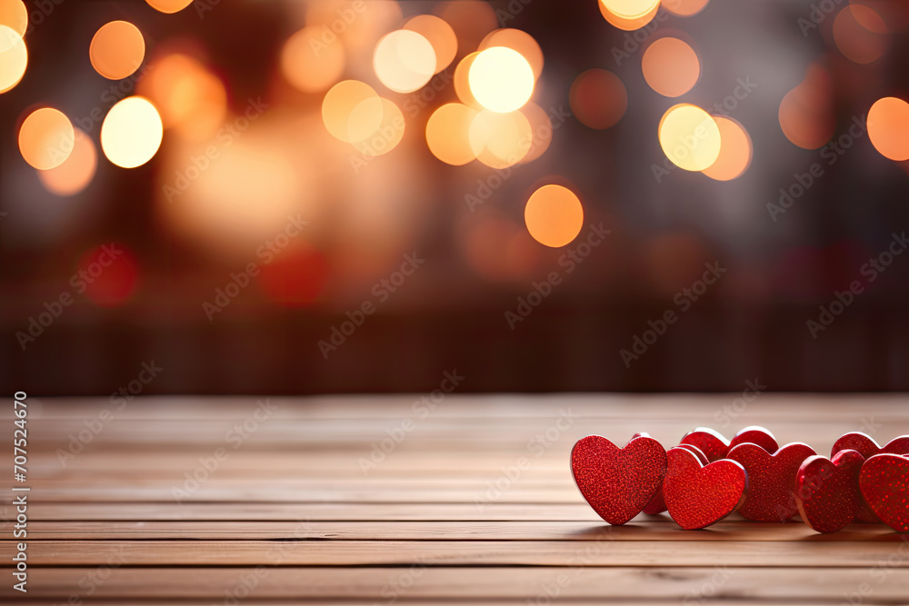 Close up of red hearts on wooden table against defocused lights. St. Valentines Day background - obrazy, fototapety, plakaty 