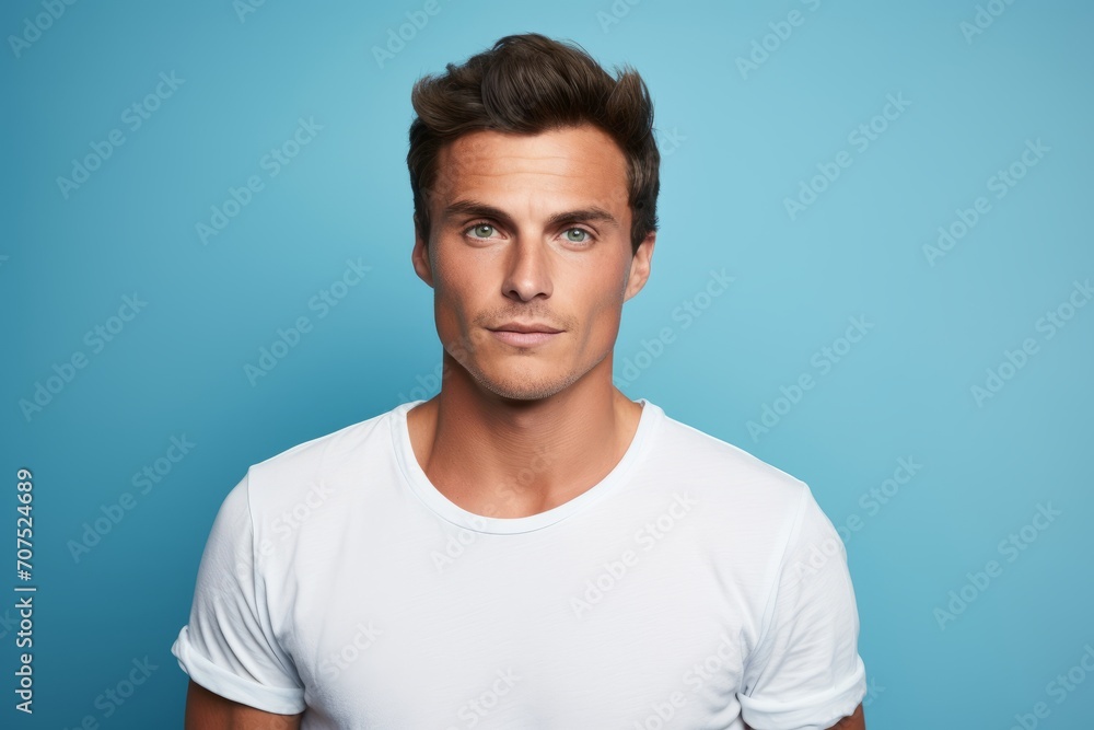 Portrait of handsome young man in white t-shirt on blue background Portrait of handsome young man in white t-shirt on blue background