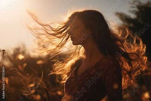 Dark side view of woman portrait in backlight with sunlight and shadow. Concept of outdoor leisure activity people. Care nature and feeling. Peaceful lady enjoying meadow in summer. Natural healthy © ebhanu