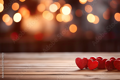 Close up of red hearts on wooden table against defocused lights. St. Valentines Day background photo