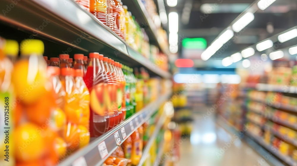 Supermarket or retail store blur background. That is a self-service shop offer grocery and variety of food, beverage and household product on shelf or rack