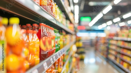 Supermarket or retail store blur background. That is a self-service shop offer grocery and variety of food, beverage and household product on shelf or rack photo