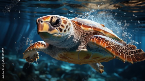 Loggerhead Sea Turtle Swimming Underwater in the Marine Wildlife © Mahenz