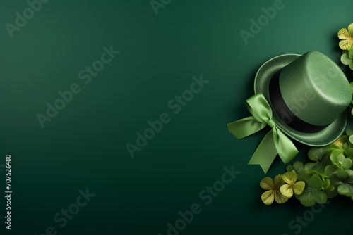 Saint Patrick's Day concept background, Top view photo of green leprechaun hat ,clovers , green gift box and ribbon on isolated green background with copyspace