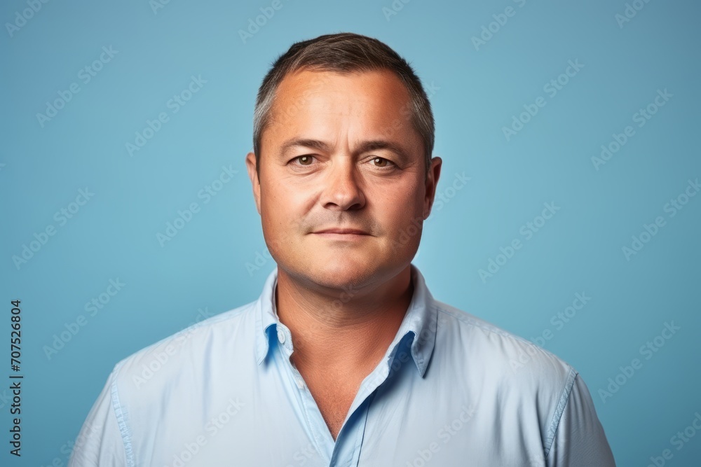portrait of a middle-aged man in a blue shirt on a blue background portrait of a middle-aged man in a blue shirt on a blue background